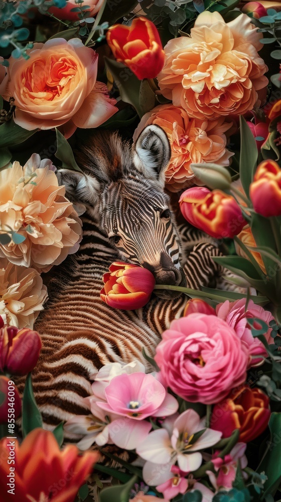 A baby zebra laying on top of a bed of flowers A baby zebra laying on top of a bed of flowers