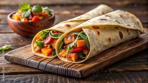 Delicious Indian Kathi roll filled with spiced veggies and wrapped in a paratha , Indian cuisine, street food, filled photo
