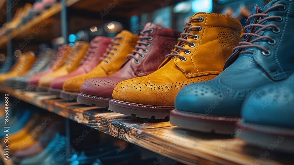 Shoes in the store. Details of the clothing store. Shoes stand in a row. Shoes in the store. Details of the clothing store. Shoes stand in a row.