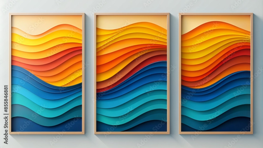 Vibrant abstract wavy shapes in shades of blue, orange, and yellow fill three modern minimalist posters, adding a pop of color to any room's decor.