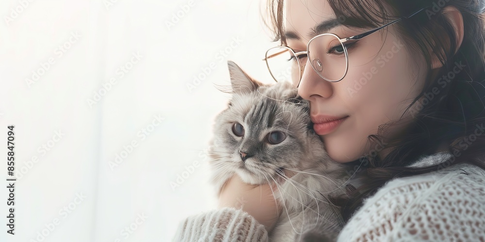 Young beautiful smiling brunette woman holds your tabby cat in her hands isolated on a light gray background. Good friends. Friendship of a pet and its owner girl. Cuddles. Copy space for text banner Young beautiful smiling brunette woman holds your tabby cat in her hands isolated on a light gray background. Good friends. Friendship of a pet and its owner girl. Cuddles. Copy space for text banner