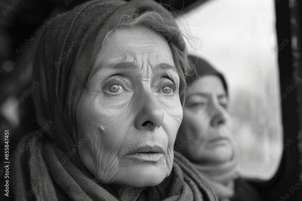 Fototapeta premium Elderly women in grayscale, expressing deep emotion on a journey