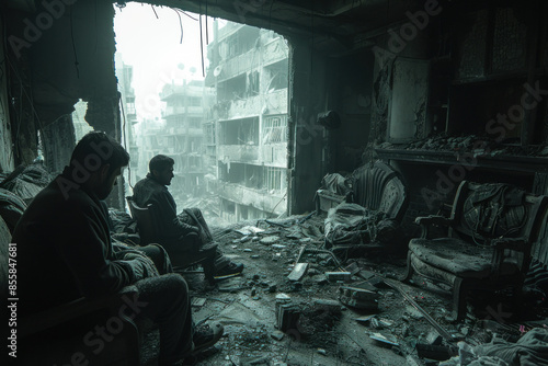 Two men sitting in destroyed building overlooking ruined city