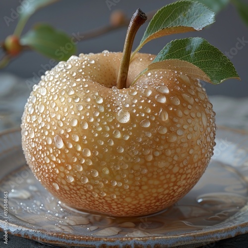 Close-up of a wet golden apple with water drops on a plate photo