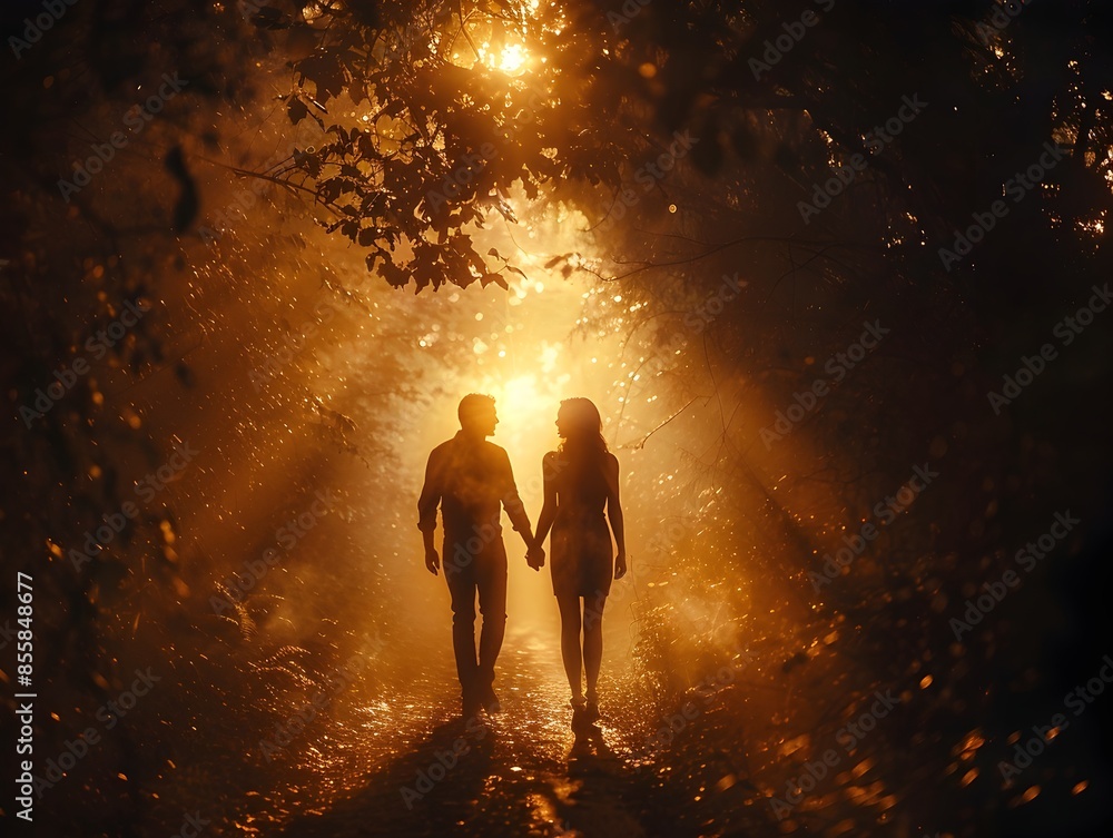 Mystical Couple s Enchanted Forest Stroll in Soft Warm Lighting Mystical Couple s Enchanted Forest Stroll in Soft Warm Lighting