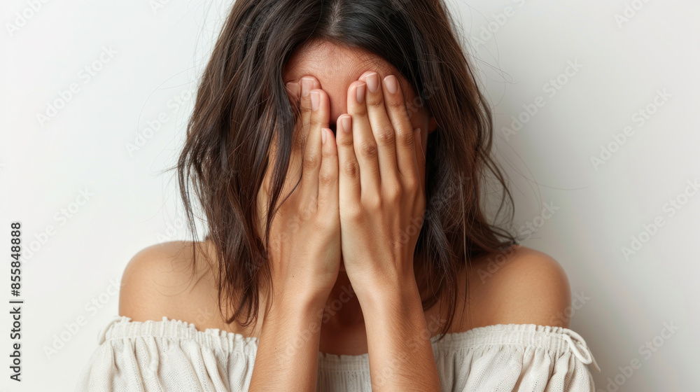 A woman with her hand covering her face. The woman is wearing a white shirt. Concept of sadness or distress A woman with her hand covering her face. The woman is wearing a white shirt. Concept of sadness or distress