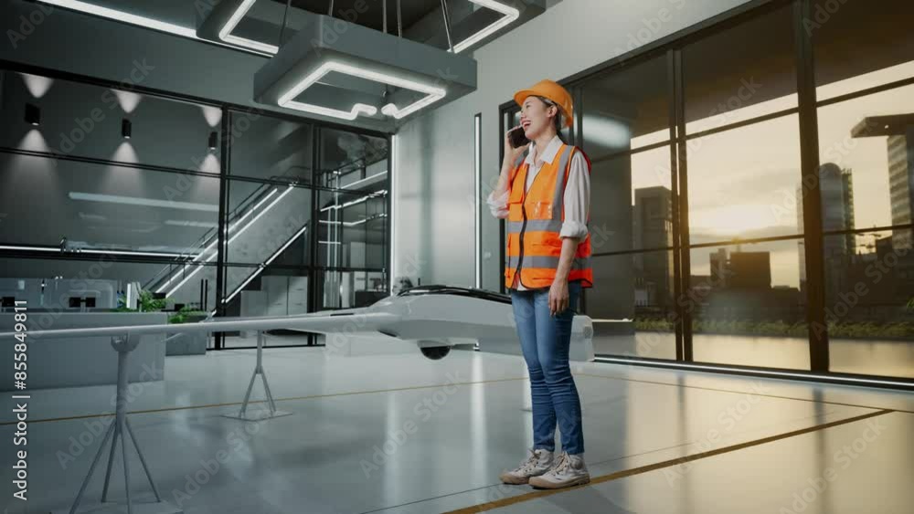 Full Body Side View Of Asian Female Engineer With Safety Helmet Talking On Smartphone While Standing With Drone Project Full Body Side View Of Asian Female Engineer With Safety Helmet Talking On Smartphone While Standing With Drone Project