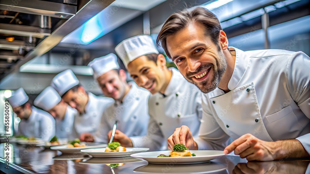 A man in a chef's uniform smiles while plating a dish in a high-end restaurant kitchen With Blurred chefs and waitstaff working in the background.
A man in a chef's uniform smiles while plating a dish in a high-end restaurant kitchen With Blurred chefs and waitstaff working in the background.
