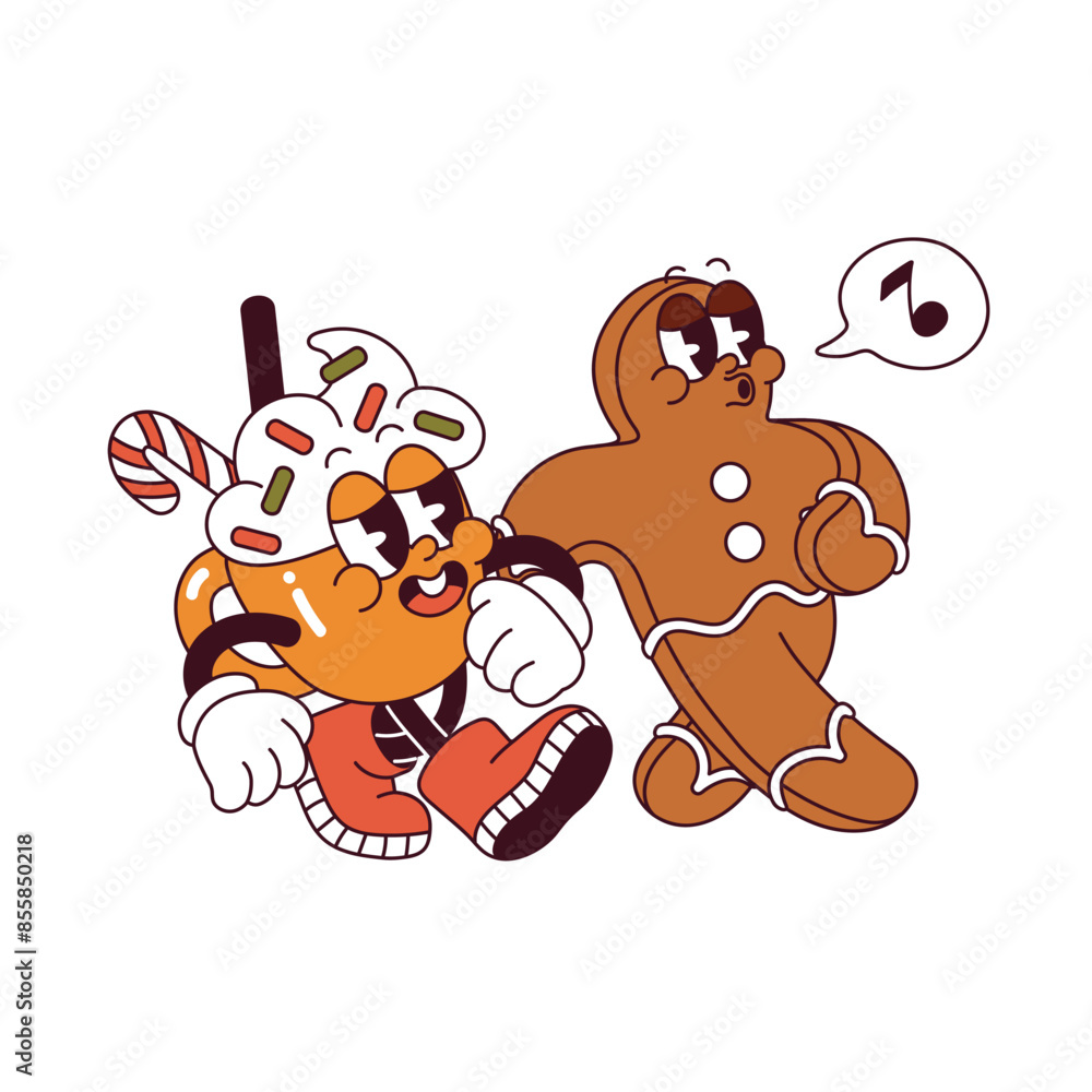 Obraz premium Funky Xmas characters in retro style walk together. Groovy Christmas gingerbread whistles melody. Comic cup of cocoa strolls. Winter holiday personages. Flat isolated vector illustration on white