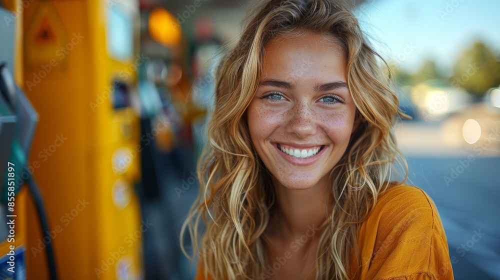 Fototapeta premium Smiling Woman Refilling Auto with Bio Fuel at Modern Petrol Station Outdoor,