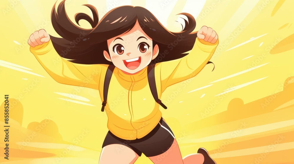 Vibrant animated girl in beige hoodie and joggers exudes warmth and positivity on a sunny yellow background. Vibrant animated girl in beige hoodie and joggers exudes warmth and positivity on a sunny yellow background.