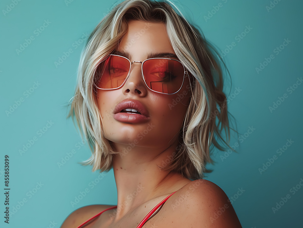 Chic Blonde Model with Red Sunglasses Against Blue Background Chic Blonde Model with Red Sunglasses Against Blue Background