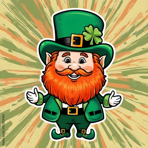 Leprechaun elf symbol of St. Patrick's Day. Cheerful character Irish leprechaun with a red natural beard in a green suit and green hat for advertising.