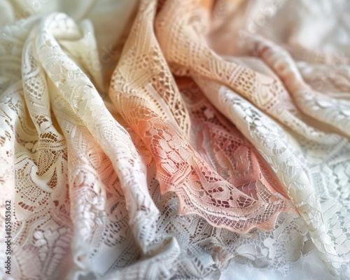 The image shows a close-up of a knitted fabric with a gradient of colors from white to pink. The fabric has an openwork pattern. photo