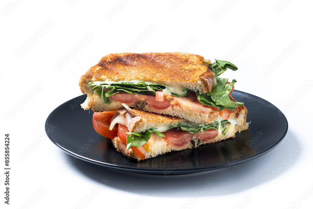 Healthy spinach, tomato and cheese sandwich isolated on white background Healthy spinach, tomato and cheese sandwich isolated on white background