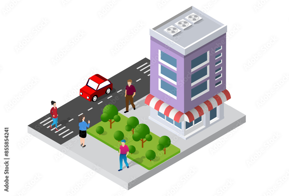 A small town surrounded by trees and a road, flat, isometric map, urban planning, suburban neighborhood. 3D illustration A small town surrounded by trees and a road, flat, isometric map, urban planning, suburban neighborhood. 3D illustration