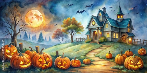 Watercolor painting of a spooky Halloween background with pumpkins and a haunted house , watercolor, painting, Halloween, background photo