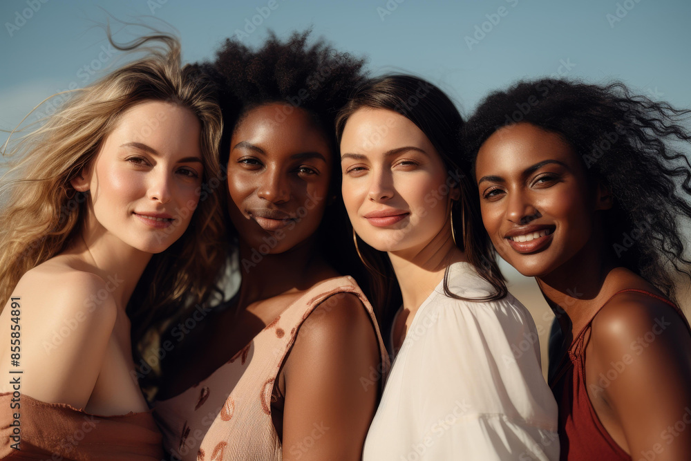 Obraz premium A collection of beautiful faces featuring smiling women from various races, nations, skin tones, and ages, promoting diversity and inclusivity.
