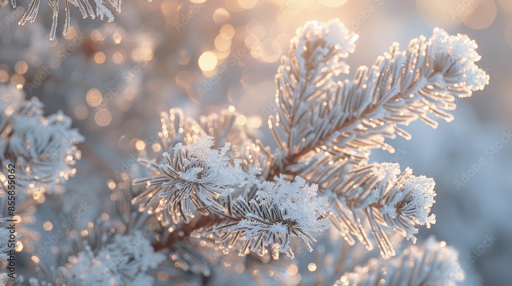 Frost-Covered Pine Branches Sparkling in Winter Sunlight with Bokeh Background Frost-Covered Pine Branches Sparkling in Winter Sunlight with Bokeh Background