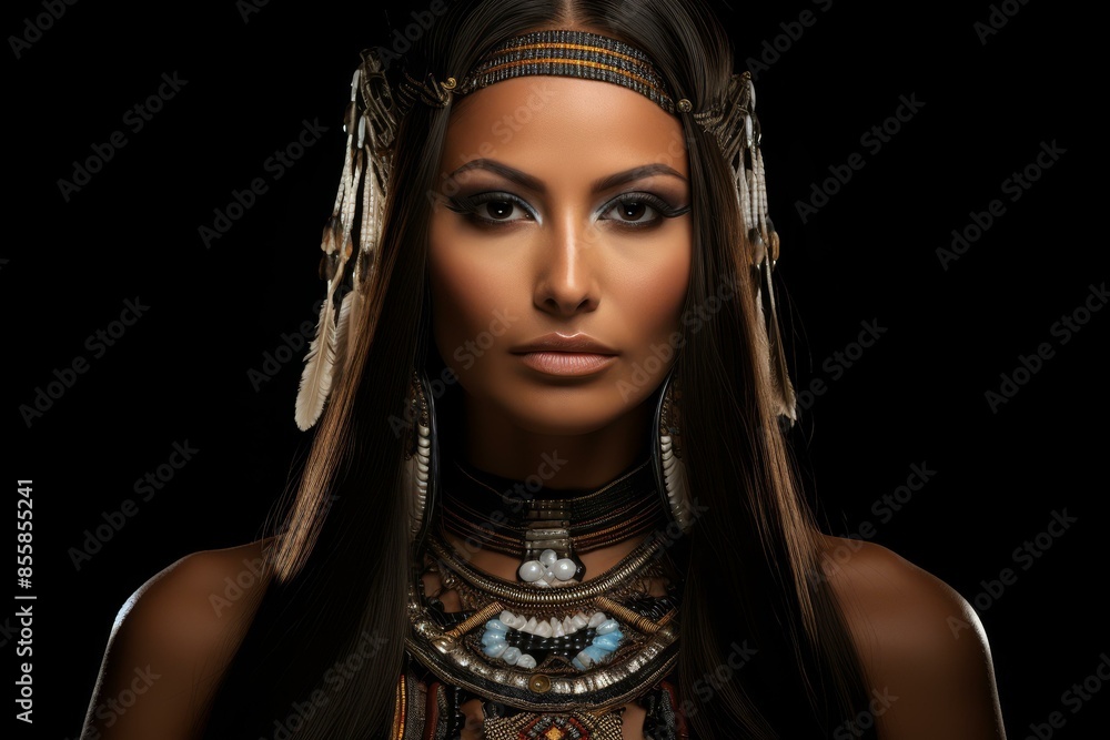 Stunning portrait of Native American women showcasing their ethnic outfit and beautiful face against a black background. Stunning portrait of Native American women showcasing their ethnic outfit and beautiful face against a black background.