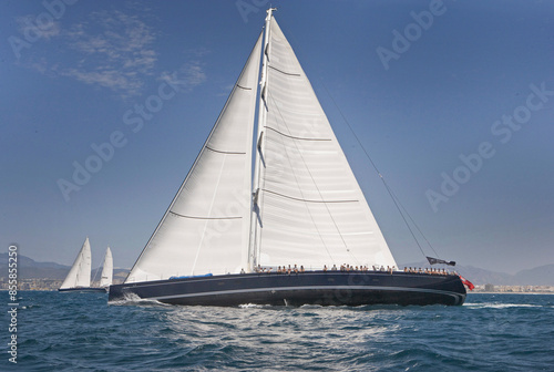 Sailing yacht at Mediterranean Sea. Sail. Boat. Palma de Mallorca. Super sailing yacht. Full sail.