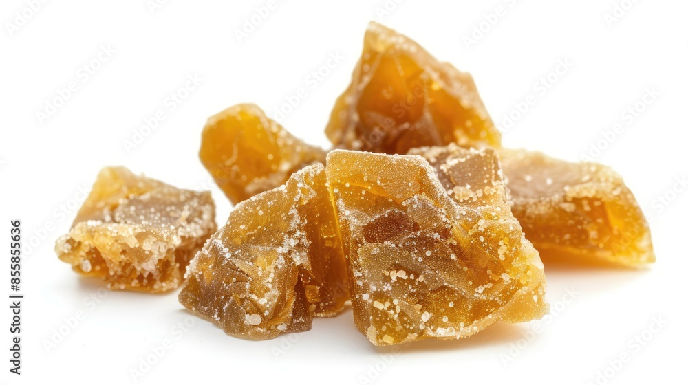 Caramelized lump of brown cane sugar isolated on a white background Caramelized lump of brown cane sugar isolated on a white background