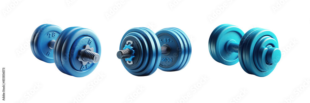Set of Blue dumbbell weights, isolated over on transparent white background Set of Blue dumbbell weights, isolated over on transparent white background