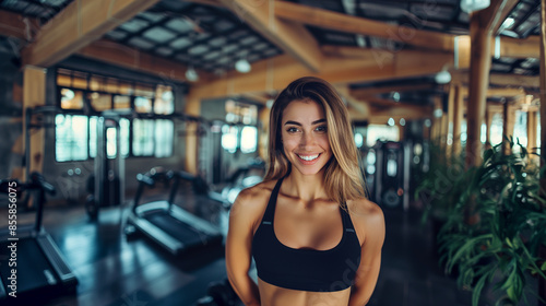 Smiling athletic woman posing in the gym.