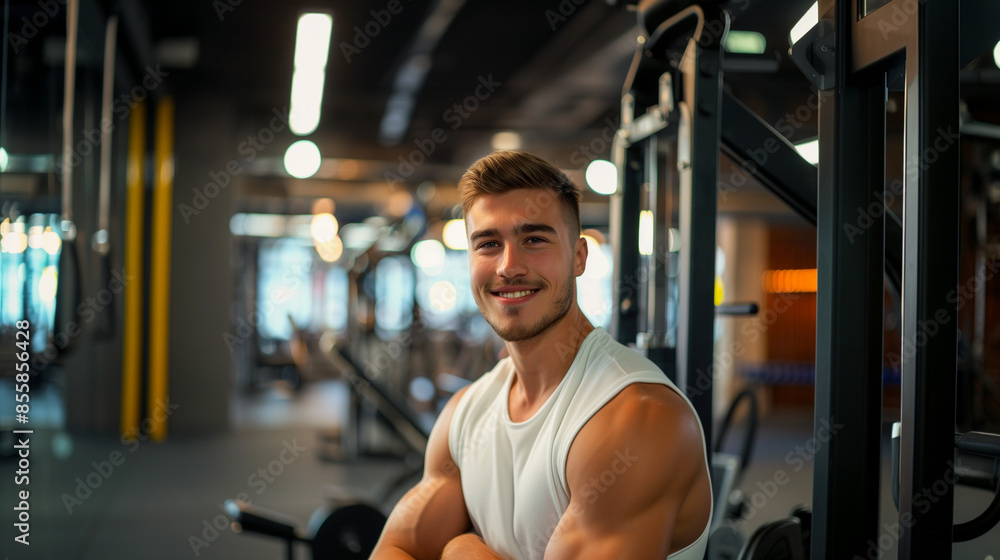 Smiling athletic man posing in the gym. Smiling athletic man posing in the gym.