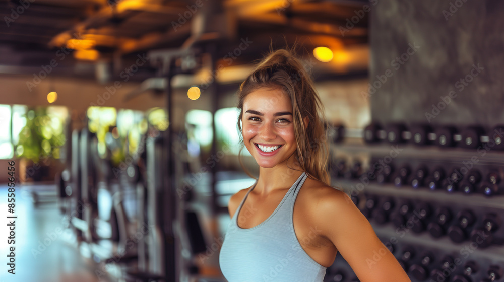 Smiling athletic woman posing in the gym. Smiling athletic woman posing in the gym.