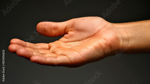 A hand is shown with the thumb up and the fingers spread out. The hand is bare and has a light skin tone