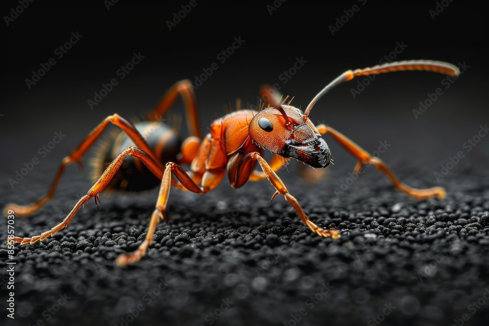 Fototapeta premium Close-Up of a Red Ant on a Black Surface