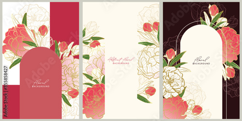 Vector floral background with hand drawn peoni golden pattern frame. Wedding elegant wildflowers for invitation save the date card. Vector trendy greenery