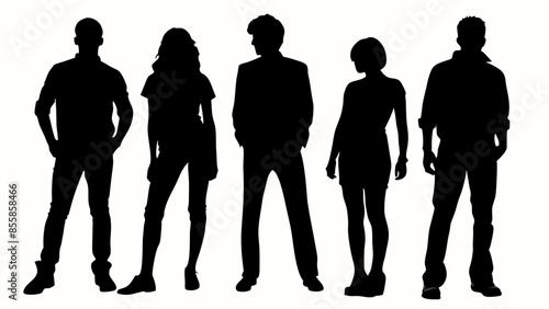 A group of five people are standing in a line