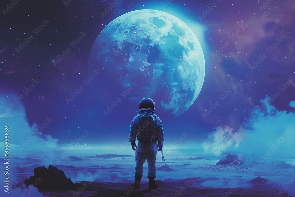 Spaceman standing and looking at a mysterious sphere digital art style Spaceman standing and looking at a mysterious sphere digital art style