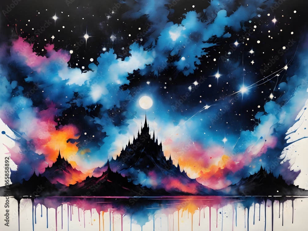 Fototapeta premium Background watercolor a beautiful landscapes filled with trees and mountains.