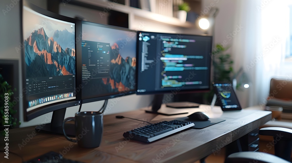 Organized Remote Work Setup with Multiple Monitors and Coffee Mug for Productive Home Office Environment Organized Remote Work Setup with Multiple Monitors and Coffee Mug for Productive Home Office Environment