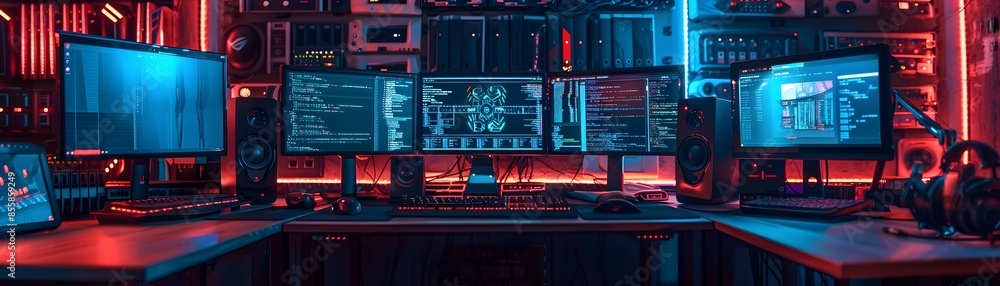 Hacker Workspace with Multiple Screens and Neon Lights Coding and Technology Concept Hacker Workspace with Multiple Screens and Neon Lights Coding and Technology Concept