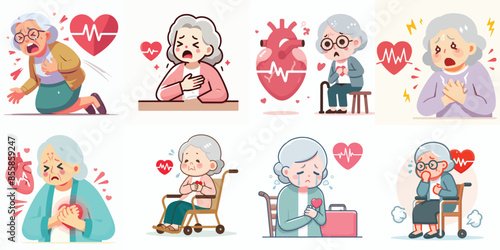 vector set of grandfather having heart disease with flat design style