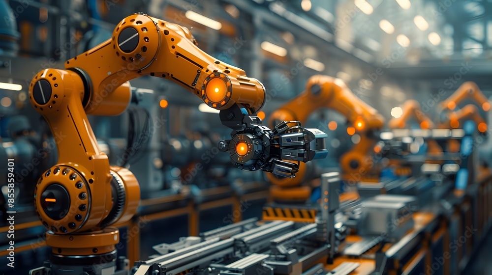 Automated Industrial Factory with Robotic Arms Efficiently Assembling Products Automated Industrial Factory with Robotic Arms Efficiently Assembling Products