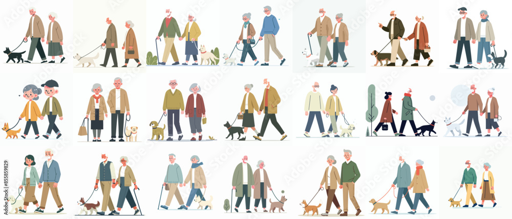 vector set of grandparents with dogs in flat design style vector set of grandparents with dogs in flat design style