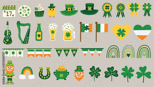St. Patrick's Day elements set. Banners, buntings, clover leaves, Ireland, Irish flags, leprechaun, horseshoe, lucky day, pot of gold coins, rainbow, shamrock. Hand drawn vector illustrations.