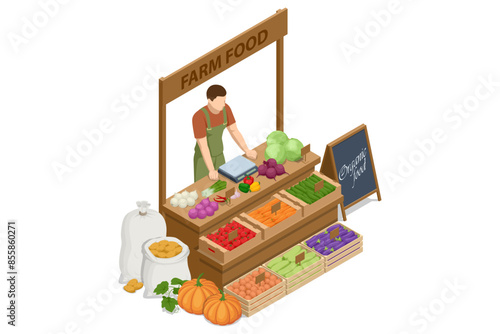 Isometric Vegetables Sale. Farmer sells fresh vegetables. Natural fresh products. Sellers and marketing concept. Farmer market