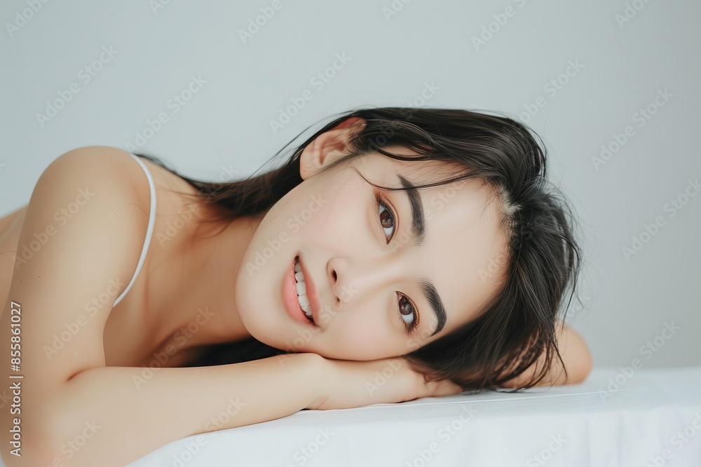 Beautiful young Asian woman Skin care. Woman with beauty face touching healthy facial skin portrait. Beautiful smiling asian girl model with natural makeup touching glowing hydrated skin Beautiful young Asian woman Skin care. Woman with beauty face touching healthy facial skin portrait. Beautiful smiling asian girl model with natural makeup touching glowing hydrated skin