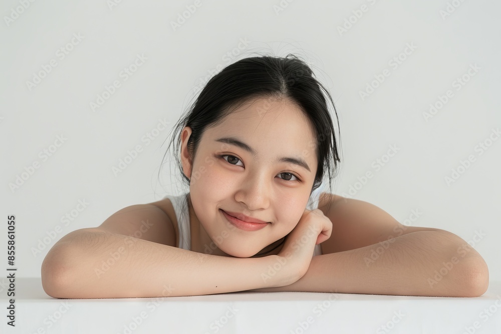 Beautiful young Asian woman Skin care. Woman with beauty face touching healthy facial skin portrait. Beautiful smiling asian girl model with natural makeup touching glowing hydrated skin Beautiful young Asian woman Skin care. Woman with beauty face touching healthy facial skin portrait. Beautiful smiling asian girl model with natural makeup touching glowing hydrated skin