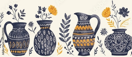 Hand drawn pitcher, vase wi...