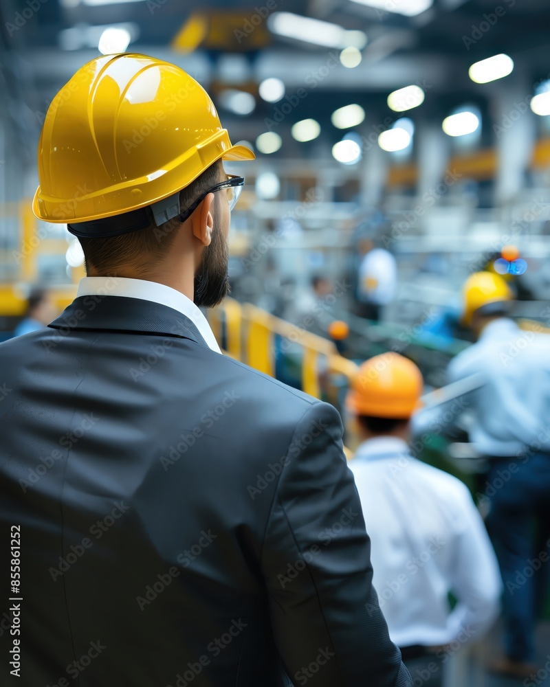 Back view of a manager in a suit and yellow hard hat inspecting a busy industrial factory floor with workers in focus. Back view of a manager in a suit and yellow hard hat inspecting a busy industrial factory floor with workers in focus.
