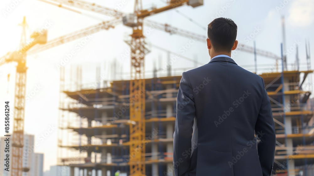 Businessman in suit observing construction site progress and high-rise building development with cranes during sunset. Businessman in suit observing construction site progress and high-rise building development with cranes during sunset.
