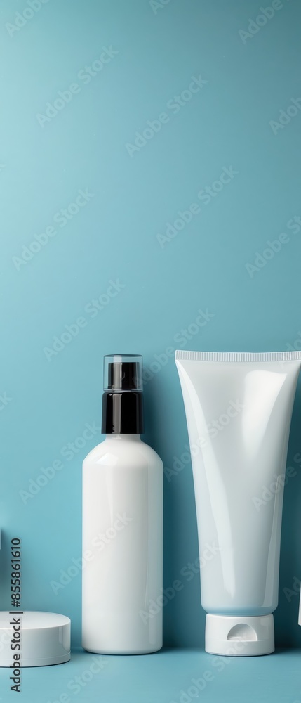 Cosmetic product bottles and tubes on a blue background. Concept of skincare, beauty, and hygiene. Clean and modern packaging. Cosmetic product bottles and tubes on a blue background. Concept of skincare, beauty, and hygiene. Clean and modern packaging.