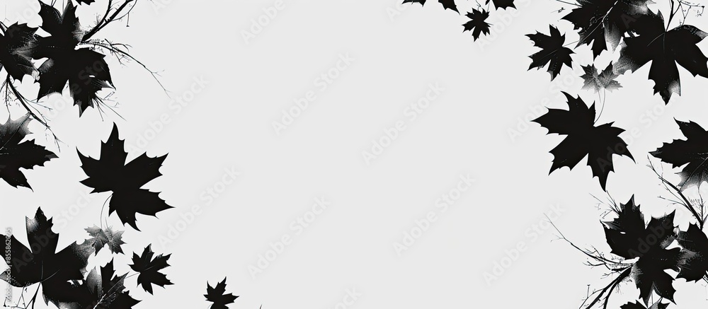 Naklejka premium Black and white decorative round frame with maple leaves silhouettes. Raster clip art. pastel background. with copy space image. Place for adding text or design